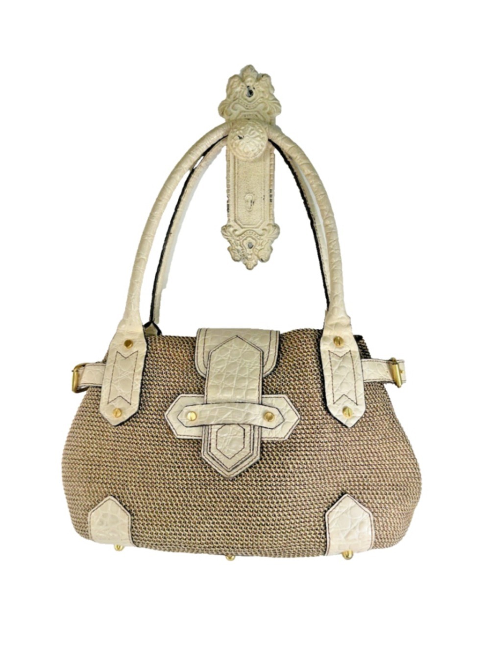 Eric Javits Woven Squishee Straw Croc Embossed Leather Satchel Bag EUC! $325